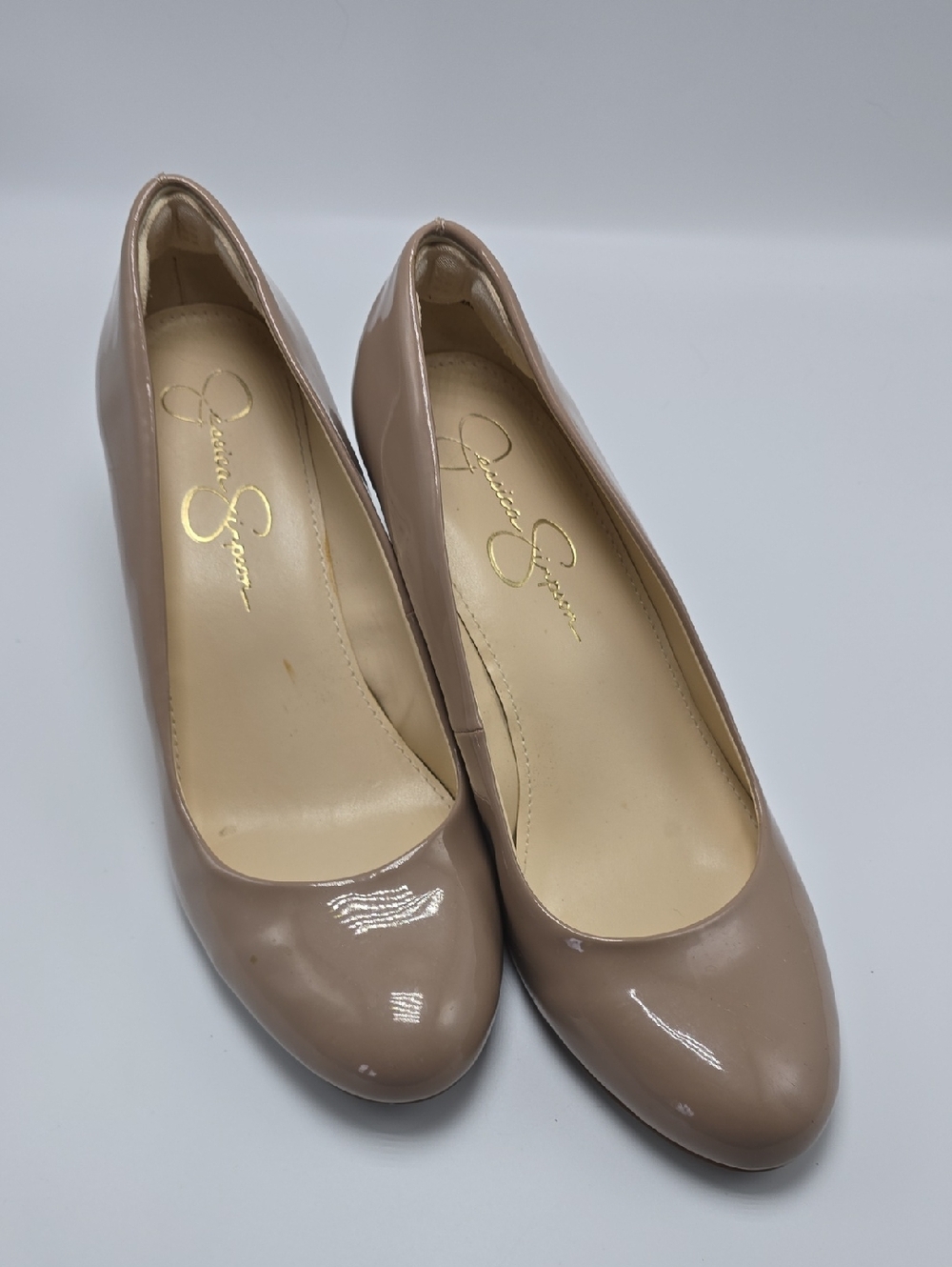 Jessica Simpson Taupe Patent Round Toe Pumps